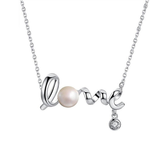 Letter "LOVE" Cultured Freshwater Pearl 925 Sterling Silver Necklace_SG