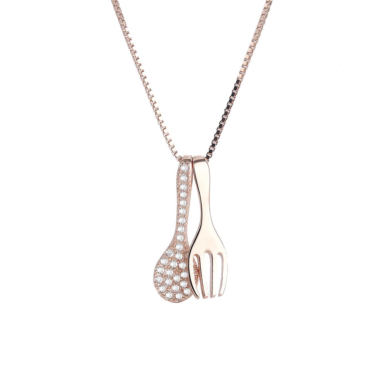 Cute Mini Perfect Pair Fork & Spoon CZ Necklace (925 Silver)_SG