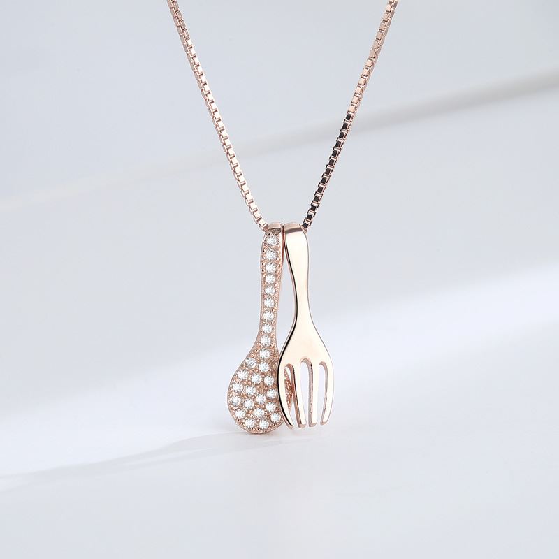 Cute Mini Perfect Pair Fork & Spoon CZ Necklace (925 Silver)_SG