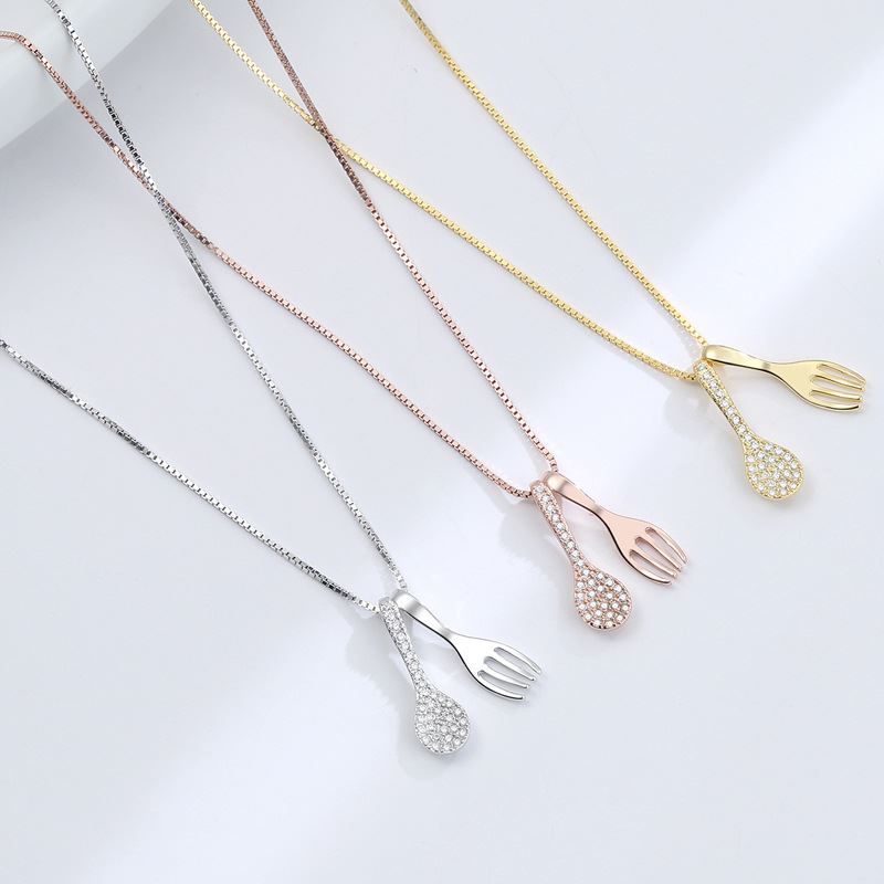 Cute Mini Perfect Pair Fork & Spoon CZ Necklace (925 Silver)_SG