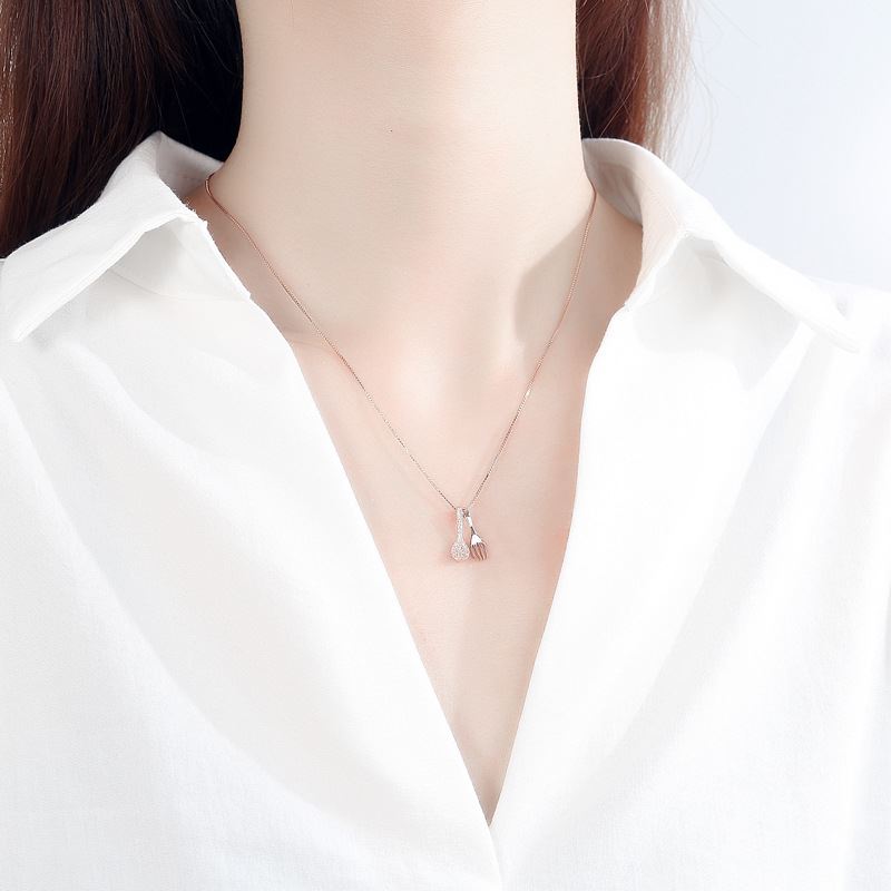 Cute Mini Perfect Pair Fork & Spoon CZ Necklace (925 Silver)_SG