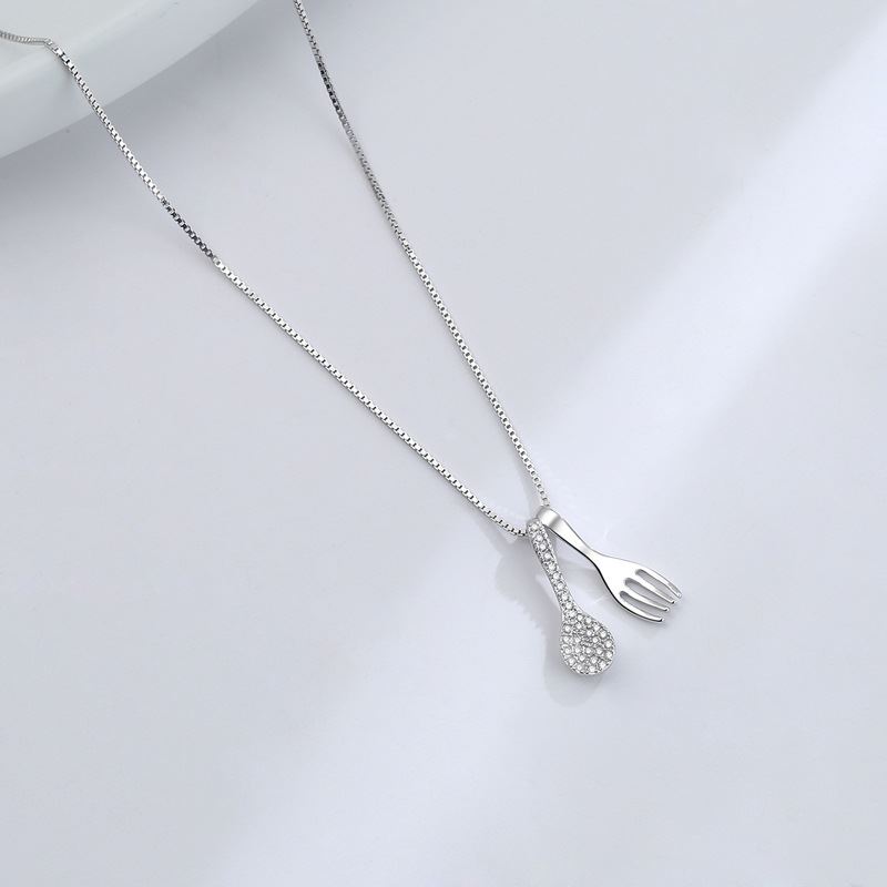 Cute Mini Perfect Pair Fork & Spoon CZ Necklace (925 Silver)_SG