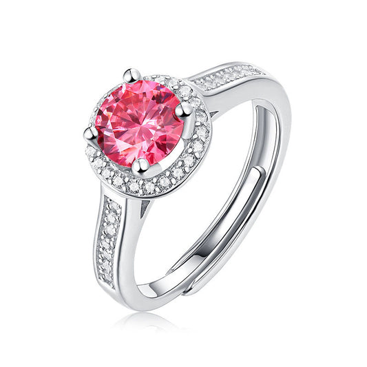 Pink Round Moissanite CZ Halo Ring (925 Silver)