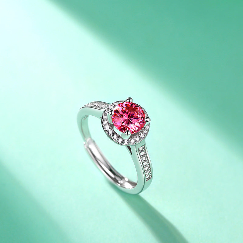 Pink Round Moissanite CZ Halo Ring (925 Silver)