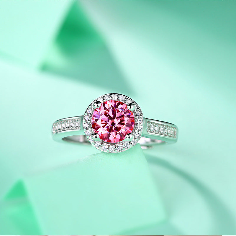 Pink Round Moissanite CZ Halo Ring (925 Silver)