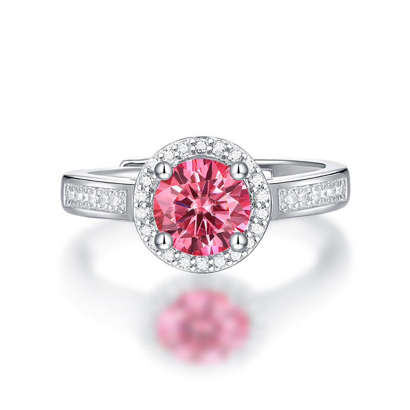 Pink Round Moissanite CZ Halo Ring (925 Silver)