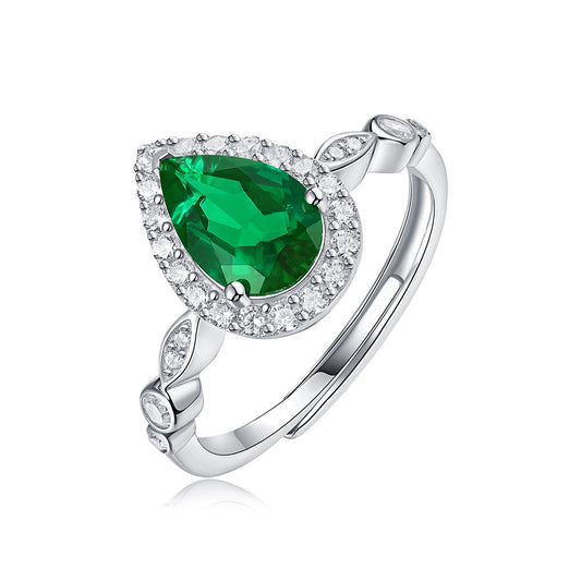 Pear Cut (Tear Drop) Lab Grown Emerald Halo 925 Silver Ring